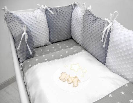 Polštářkový mantinel s Minky s povlečením s vyšívkou - šedá,bílá,hvězdičky - Měsíček, Velikost povlečení 120x90 - obrázek 1