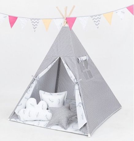 Stan pro děti teepee, týpí bez výbavy - mini hvězdičky bílé na šedém / víly šedé - obrázek 1