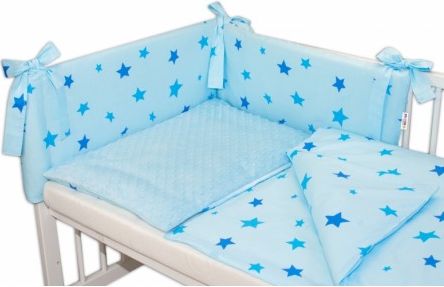 3-dílná sada mantinel s povlečením Minky Baby Stars modré - sv. modrá, Velikost povlečení 135x100 - obrázek 1