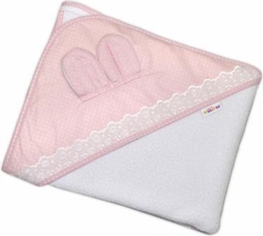 Dětská termoosuška s oušky, kapucí a krajkou Baby Puntíky 100 x 100 cm - bílá/růžová - obrázek 1