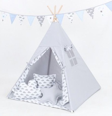 Stan pro děti teepee, týpí S VÝBAVOU - šedý / mráčky šedé na bílém - obrázek 1