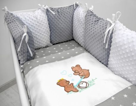 Polštářkový mantinel s Minky s povlečením s vyšívkou - šedá,bílá,hvězdičky - Houpačka, Velikost povlečení 120x90 - obrázek 1