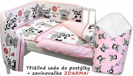 3-dílná sada mantinel s povlečením + zavinovačka zdarma, Cute Animals - růžová, Velikost povlečení 135x100 - obrázek 1