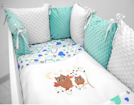 Polštářkový mantinel s Minky s povlečením s vyšívkou - bílá,máta,love - Sovičky, Velikost povlečení 120x90 - obrázek 1