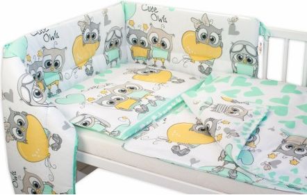 3-dílná sada mantinel s povlečením Cute Owls - zelená, Velikost povlečení 135x100 - obrázek 1