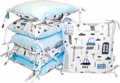 Polštářkový mantinel Baby Nellys, Městečko, minky - modrá - obrázek 1
