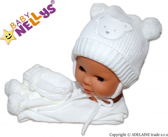BABY NELLYS Sada - čepička, šál a rukavičky - Medvídek s bambulkami - obrázek 1