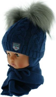 BABY NELLYS Zimní čepička s šálou - chlupáčkové bambulky - granátová/šedé - obrázek 1