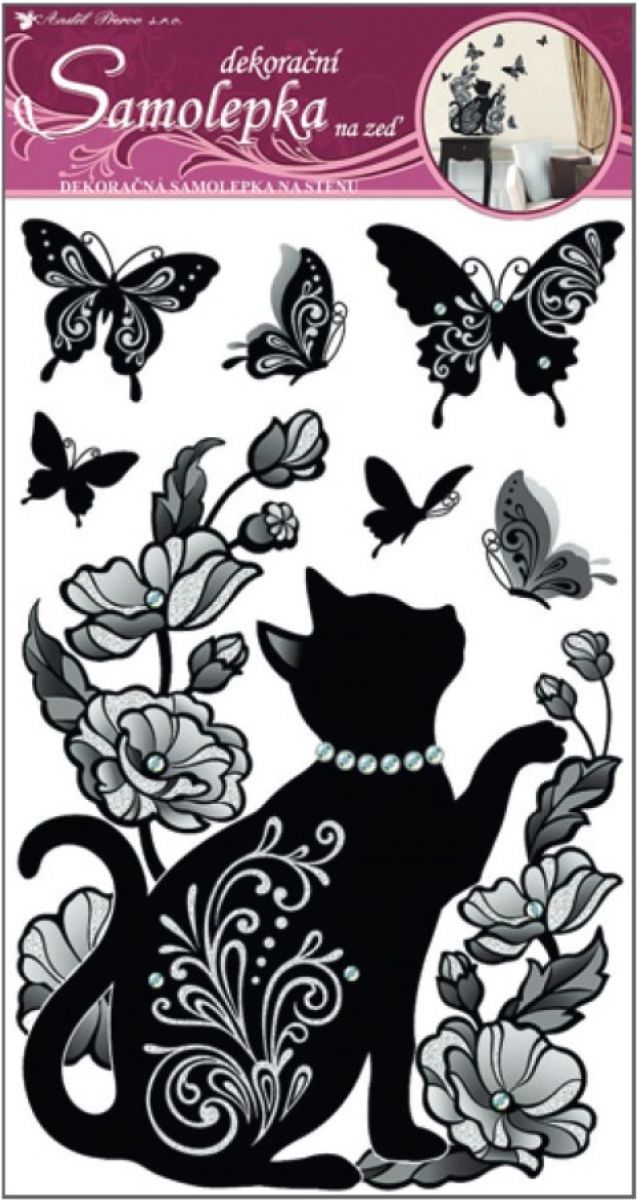 Anděl 10016 samolepící dekorace černé kotě s glitry a kamínky 60x32cm - obrázek 1