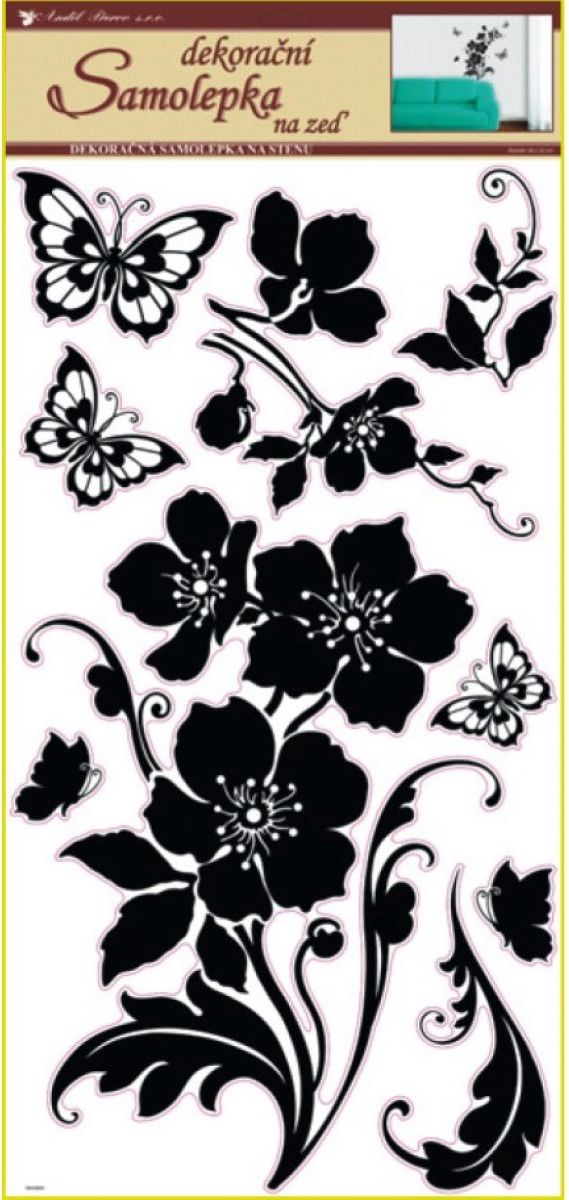 Anděl 1042 samolepící dekorace černé květina s motýli 69x30cm - obrázek 1