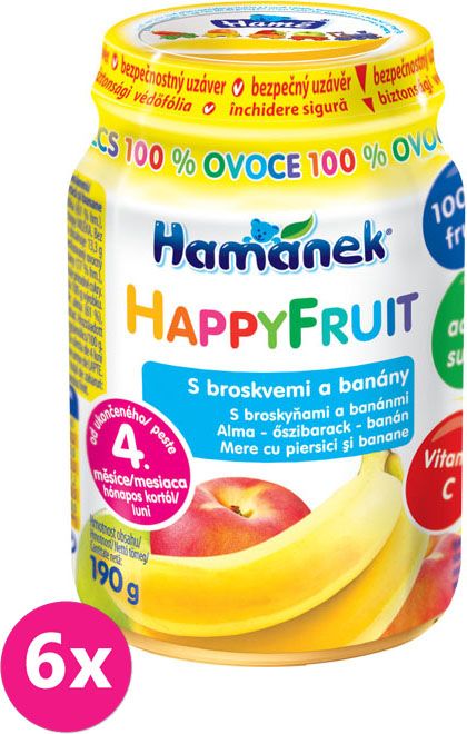 6x HAMÁNEK HappyFruit 100% S broskvemi a banánem, (190 g) - ovocný příkrm - obrázek 1