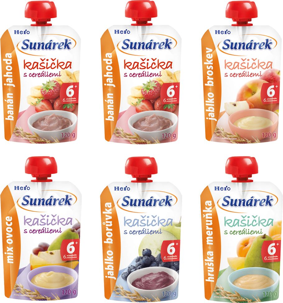 SUNÁREK Ochutnávkové balení ovocných kašiček s cereáliemi (6x120 g) - obrázek 1