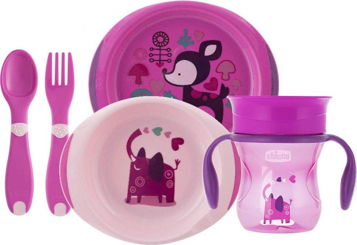 Chicco Jídelní set talíř, příbor a hrnek růžový - obrázek 1