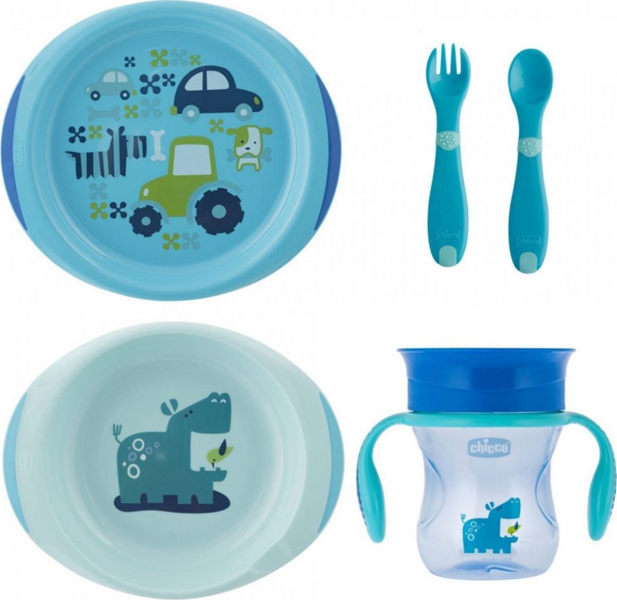 Chicco Jídelní set talíř, příbor a hrnek modrý - obrázek 1