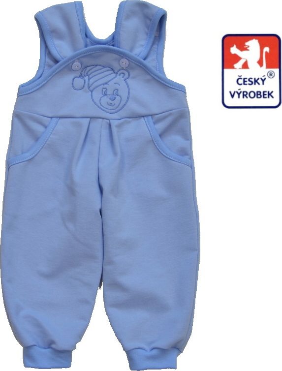 Dětské tepláčky zahradníčky světle modré s medvídkem a čepicí, velikost 104 - obrázek 1