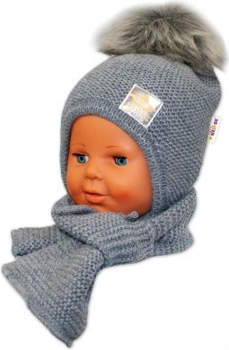 BABY NELLYS Zimní čepička s šálou - chlupáčková bambulka - tm. šedá/šedá - obrázek 1