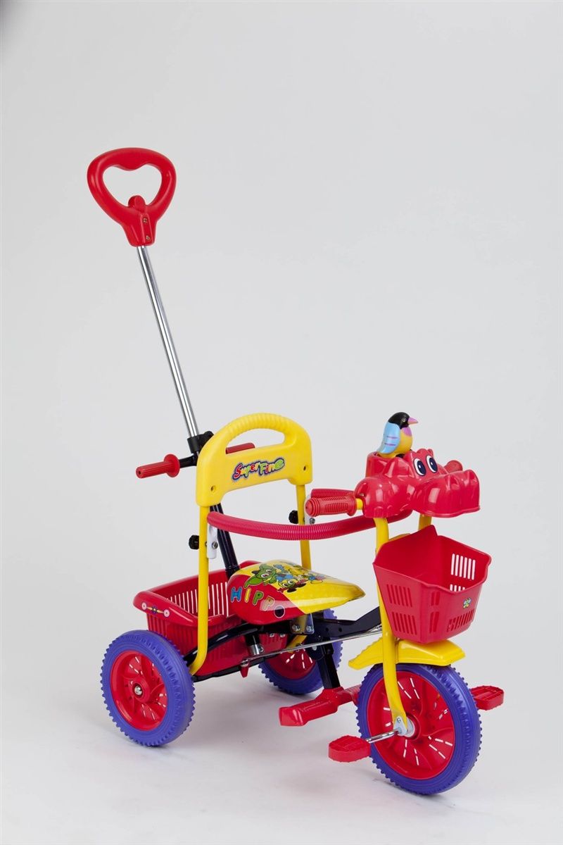 Hippo Dětská tříkolka s ovládací tyčí - modročervenožlutá - obrázek 1