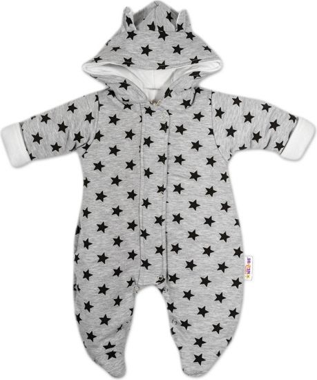 Baby Nellys Kombinézka s kapucí a oušky Hvězdičky Baby Nellys ® - šedá/tm. modrá, vel. 62 62 (3-6m) - obrázek 1