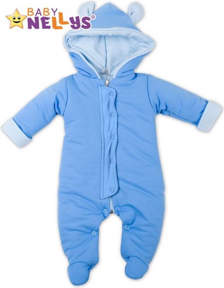 Baby Nellys Oteplený overálek/kombinézka s kapuci a oušky Baby Nellys ® - modrý, vel. 68 68 (4-6m) - obrázek 1