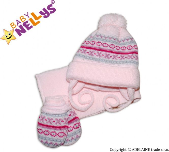 Baby Nellys Sada - čepička, šál a rukavičky - vzorovaná růžová 3/6měsíců - obrázek 1