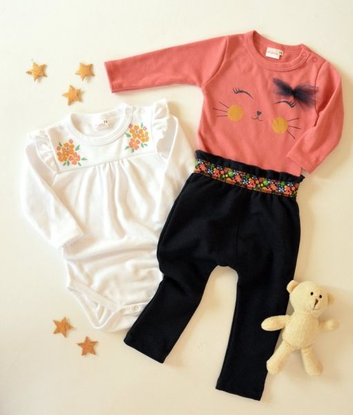 K-Baby K-Baby Sada 2 x body dl. rukáv 1 x tepláčky, Květinky, bílá/losos/granát, vel. 86 - obrázek 1