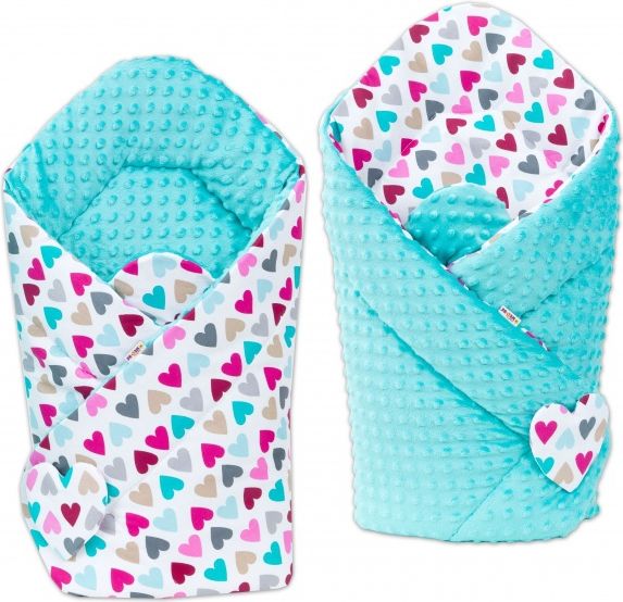 Baby Nellys Oboustranná zavinovačka Minky Baby - Barevná srdíčka /tyrkysová - obrázek 1