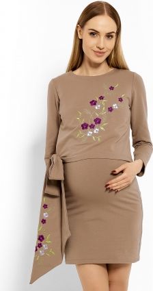 Elegantní těhotenské šaty, tunika s výšivkou a stuhou, L/XL - cappuccino (kojící) - obrázek 1