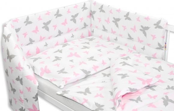 Baby Nellys 3-dílná sada mantinel s povlečením 135x100, Motýlci - růžová - obrázek 1