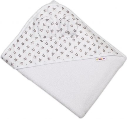 Dětská termoosuška s oušky Baby Mini Stars s kapucí, 100 x 100 cm - bílá, šedé hvězdičky - obrázek 1