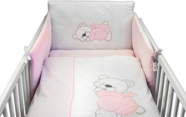 Baby Nellys 3-dílná sada mantinel s povlečením prošívaný Medvídek Maxik - růžová/tečky - obrázek 1