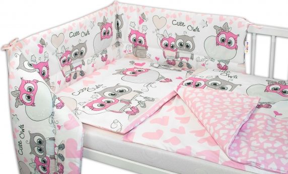 Baby Nellys 3-dílná sada mantinel s povlečením 135x100, Cute Owls - růžová - obrázek 1