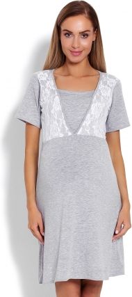 Be MaaMaa Těhotenská, kojící noční košile s krajkou, kr. rukáv - šedá, vel. L/XL - obrázek 1
