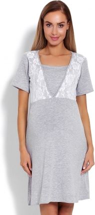 Be MaaMaa Těhotenská, kojící noční košile s krajkou, kr. rukáv - šedá - obrázek 1