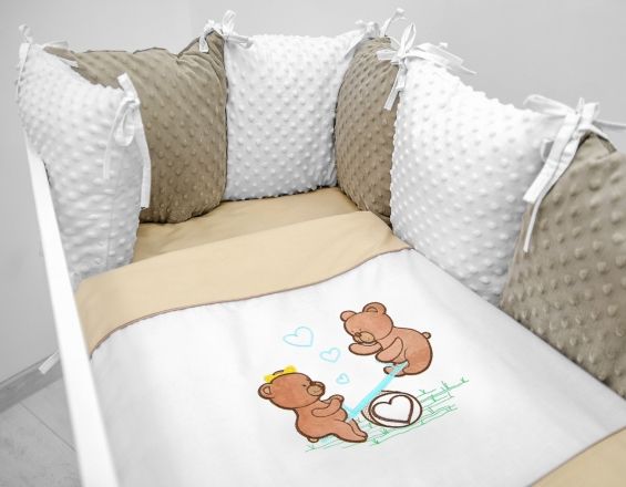 Baby Nellys Polštářkový mantinel s Minky s povlečením s vyšívkou - béžová,bílá, Houpačka - obrázek 1