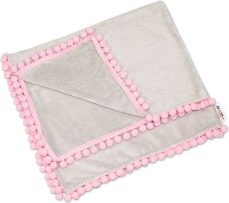 Baby Nellys Luxusní dečka s bambulkami 100x75cm - sv. šedá/růžové bambulky - obrázek 1