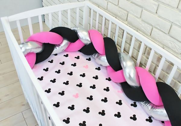Mantinel pletený cop shine s povlečením Mickey, 135x100 - černá, stříbrná, růžová, B19 - obrázek 1