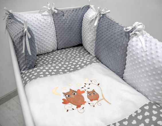 Polštářkový mantinel s Minky s povlečením s vyšívkou - šedá,bílá,srdíčka - Sovičky - obrázek 1