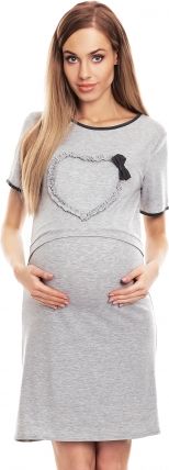 Be MaaMaa Těhotenská, kojící noční košile s lemovaným srdcem, kr. rukáv - šedá, L/XL - obrázek 1