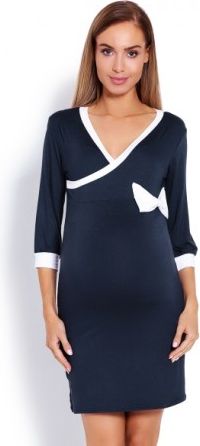 Pohodlná těhotenská, kojící noční košile s mašlí - tm. jeans, Velikosti těh. moda L/XL - obrázek 1