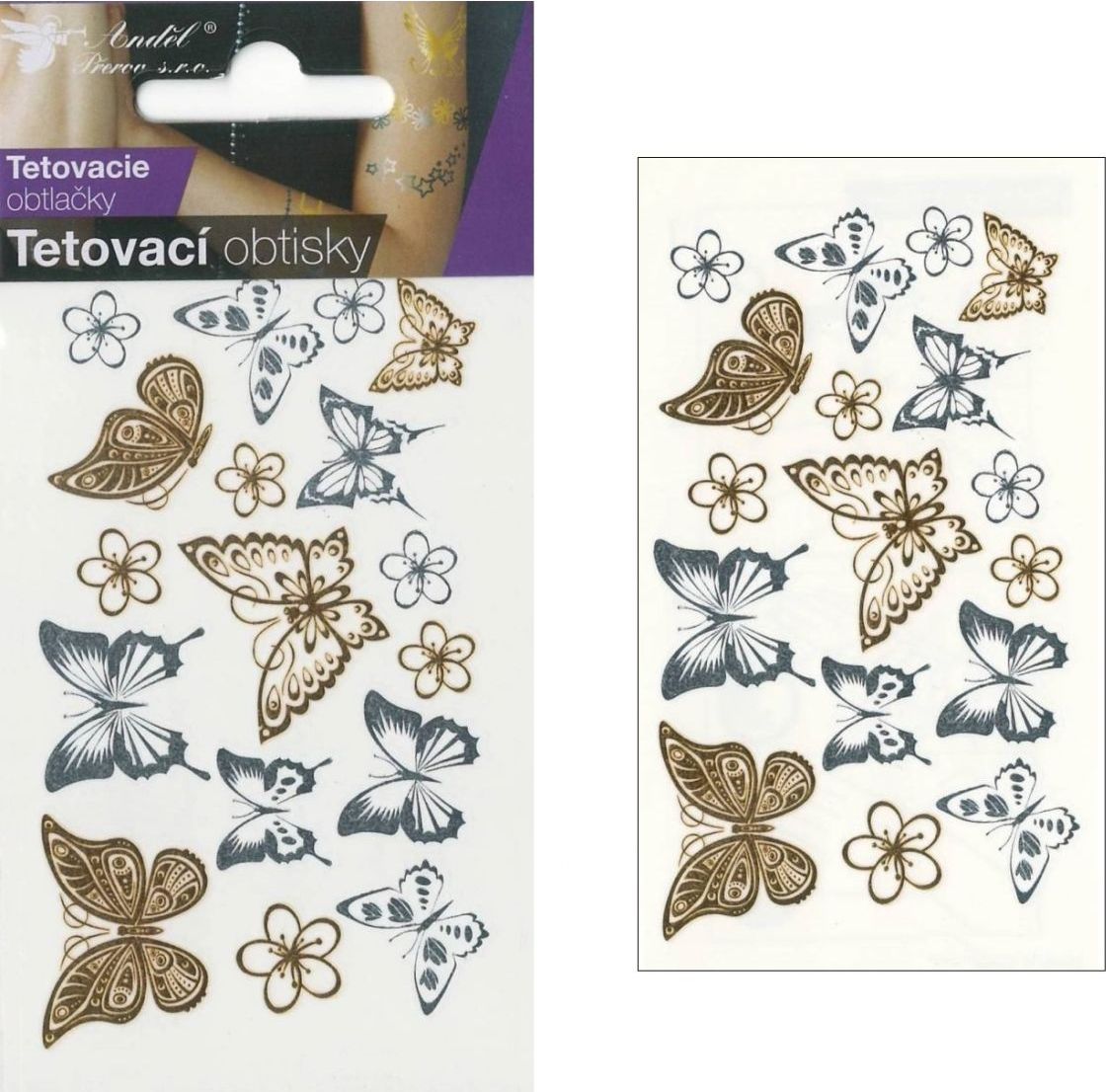 Anděl Tetovací obtisky zlaté a stříbrné 10,5 x 6 cm Motýli - obrázek 1