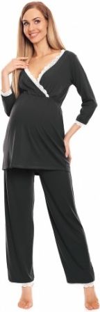 Be MaaMaa Těhotenské, kojící pyžamo s krajkovým lemováním - grafitové, Velikosti těh. moda L/XL - obrázek 1