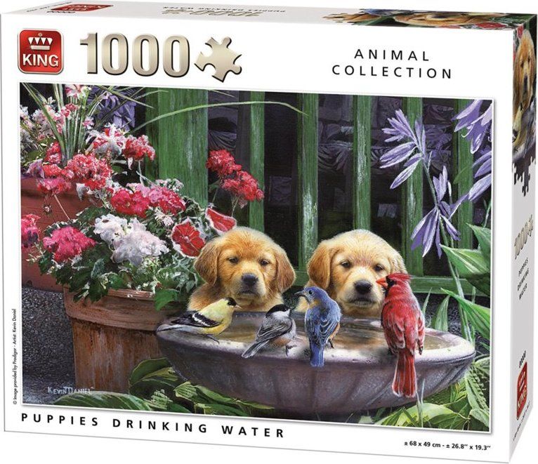 KING Puzzle Štěňata u ptačího pítka 1000 dílků - obrázek 1