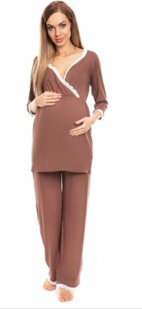 Be MaaMaa Těhotenské, kojící pyžamo s krajkovým lemováním - cappucino, Velikosti těh. moda S/M - obrázek 1
