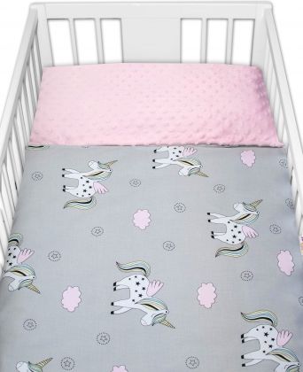 2-dílné bavlněné povlečení s minky Baby Nellys - Jednorožec, růžová/šedá - obrázek 1