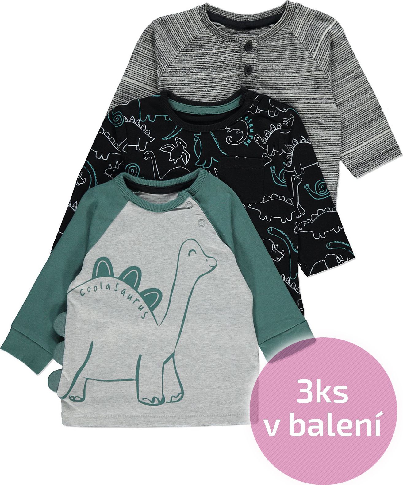Kojenecká trička GEORGE, 3ks v balení, dlouhý rukáv, motiv dinosaurus Velikost: 80 - 86cm (12 - 18 měsíců) - obrázek 1