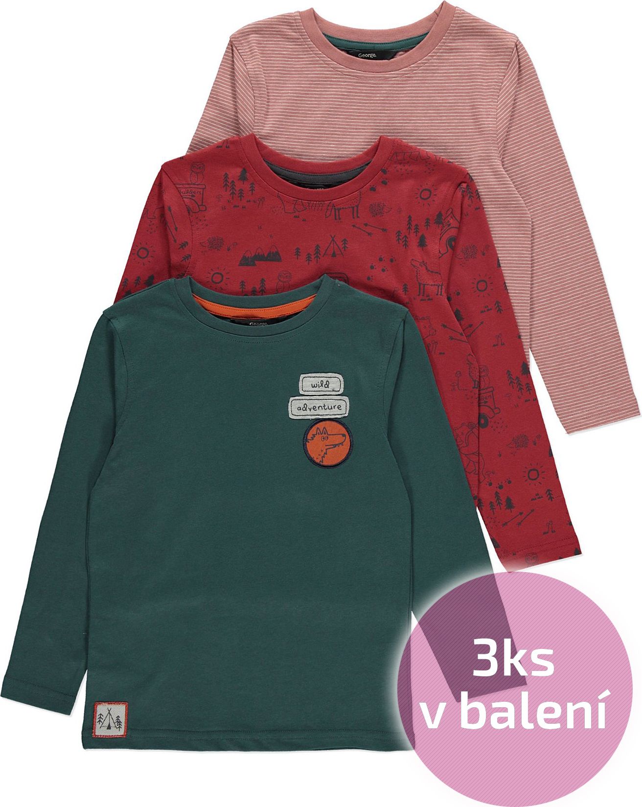 Chlapecká trička GEORGE, 3ks v balení, červené, zelené, růžové Velikost: 110 - 116cm (5 - 6 let) - obrázek 1