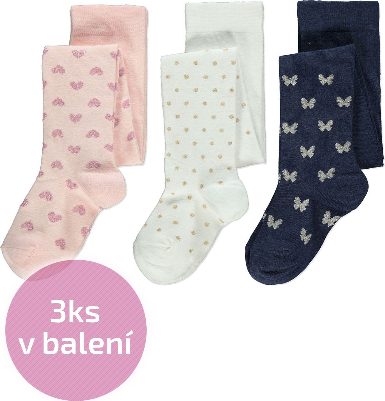 Dívčí punčocháče GEORGE, 3ks v balení, motiv motýlci Velikost: 86 - 92cm (1.5 - 2 roky) - obrázek 1