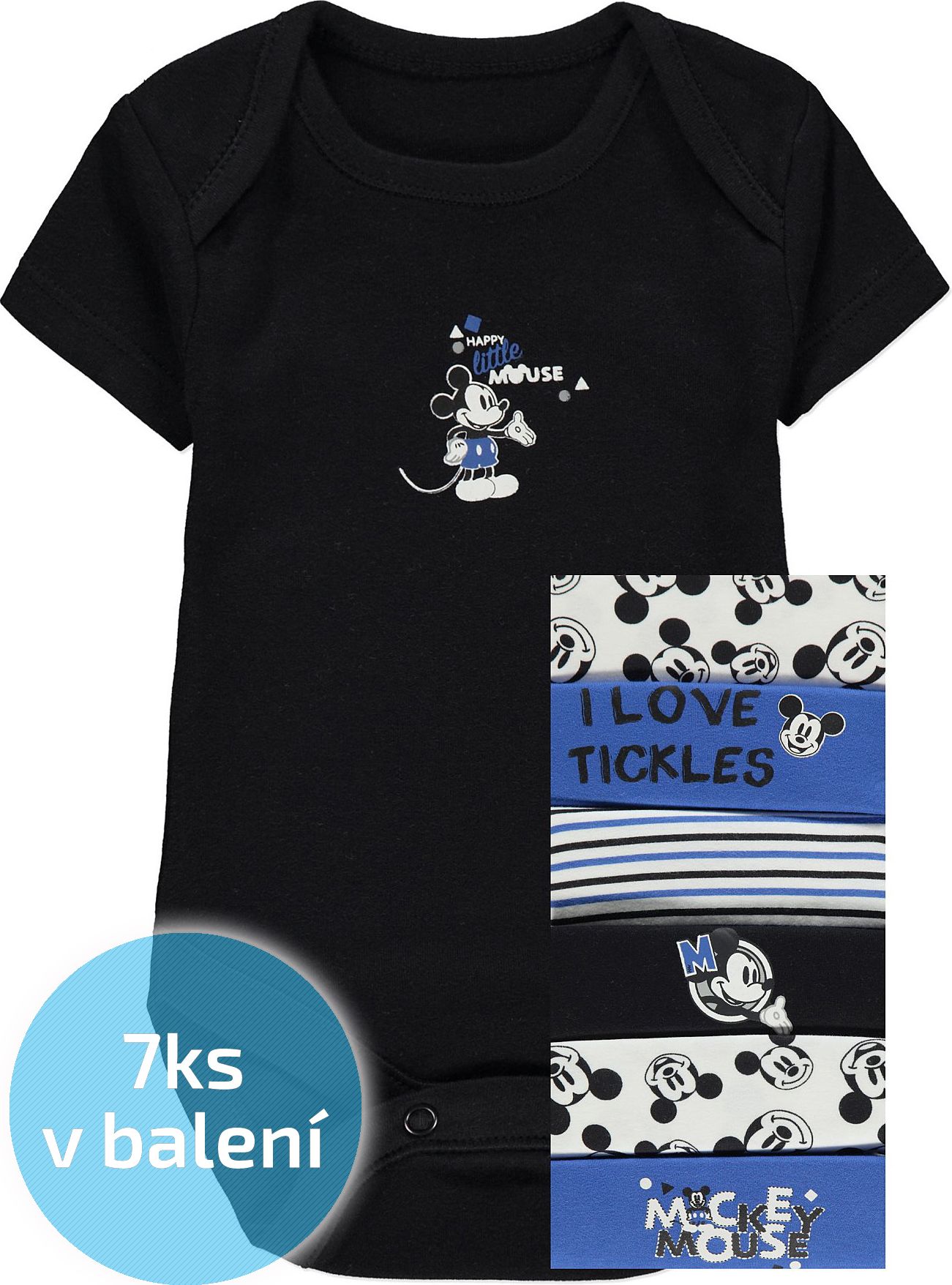 Kojenecké body GEORGE, 7ks v balení, krátký rukáv, motiv Mickey Mouse Velikost: 56 - 62cm (0 - 3 měsíce) - obrázek 1