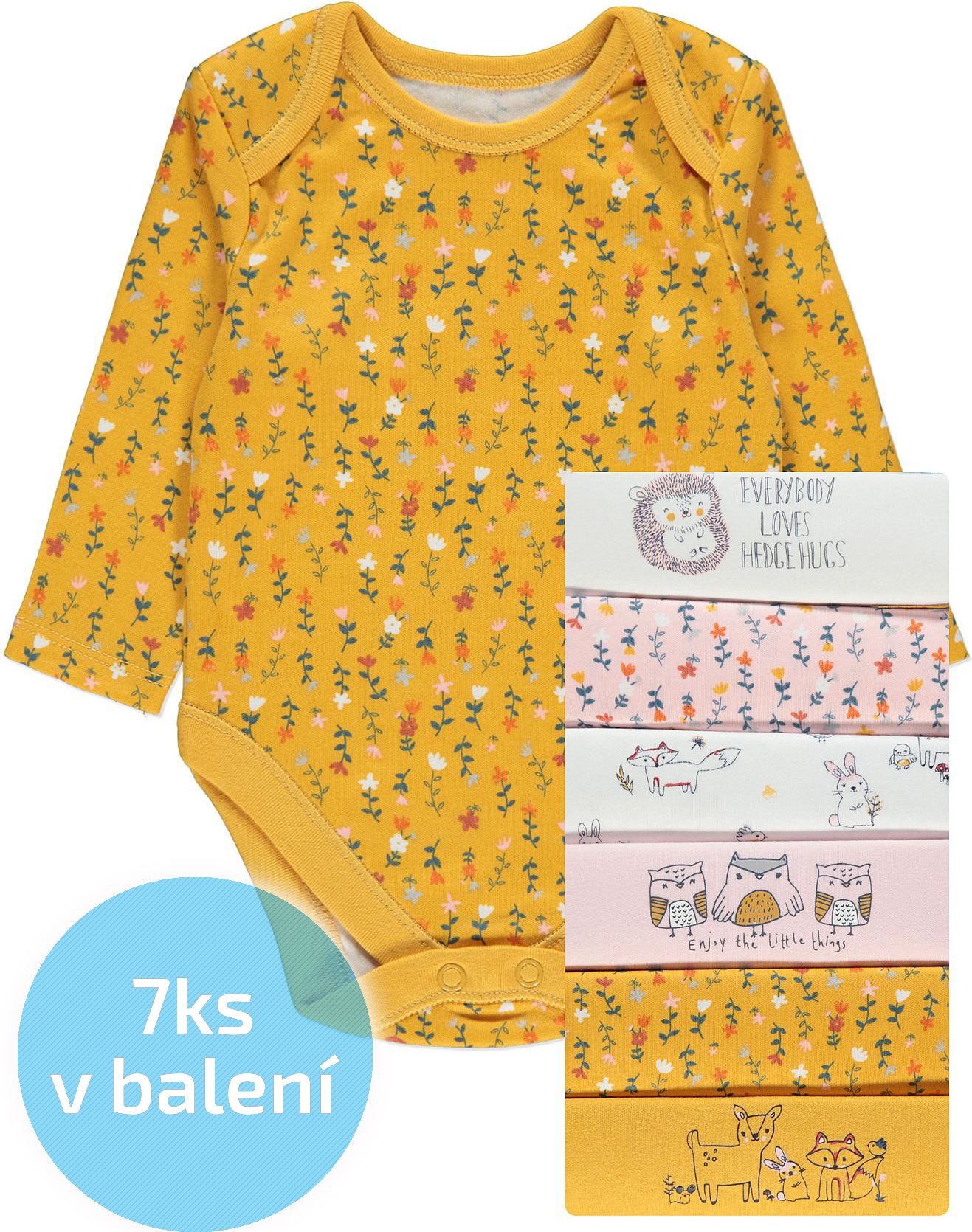 Kojenecké body GEORGE, 7ks v balení, dlouhý rukáv, motiv ježek Velikost: 92 - 98cm (2 - 3 roky) - obrázek 1