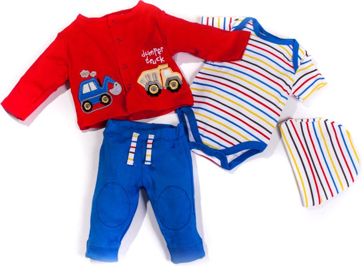 Rock a Bye Baby Kojenecký komplet - body, čepice, kalhoty, tričko (náklaďák bagr) Velikost: 62 - obrázek 1